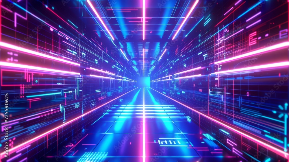 Perspective view of a vibrant cyberpunk tunnel with neon lighting. Perspective view of a vibrant cyberpunk tunnel with neon lighting.