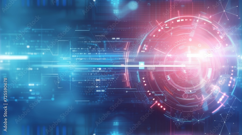 A glowing blue futuristic interface with digital graphics and red highlights. A glowing blue futuristic interface with digital graphics and red highlights.