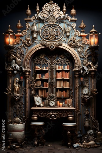 Luxury rich interior. Composition of bookshelf.