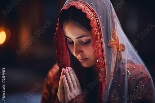 A muslim Pakistan girl is praying in the Mouque.  Islamic culture. Space for text photo