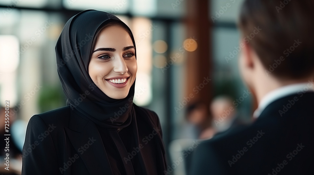 Portrait of a Happy young businesswoman in a hijab and a business suit. Teamwork and diverse businesspeople concept Portrait of a Happy young businesswoman in a hijab and a business suit. Teamwork and diverse businesspeople concept