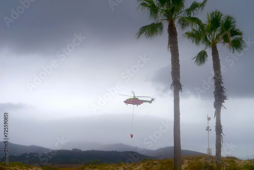 firefighting helicopter with carry bucket for water flying near Algeciras, palms in the foreground, dark clouds in the background, Andalusia, Spain, Forest fire, drought