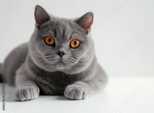 A British Shorthair cat with striking orange eyes, grey fur, and a calm demeanor sits gracefully against a white background.