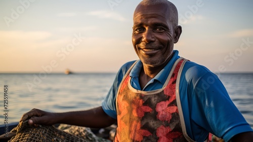 Fisherman's smile against a serene seascape