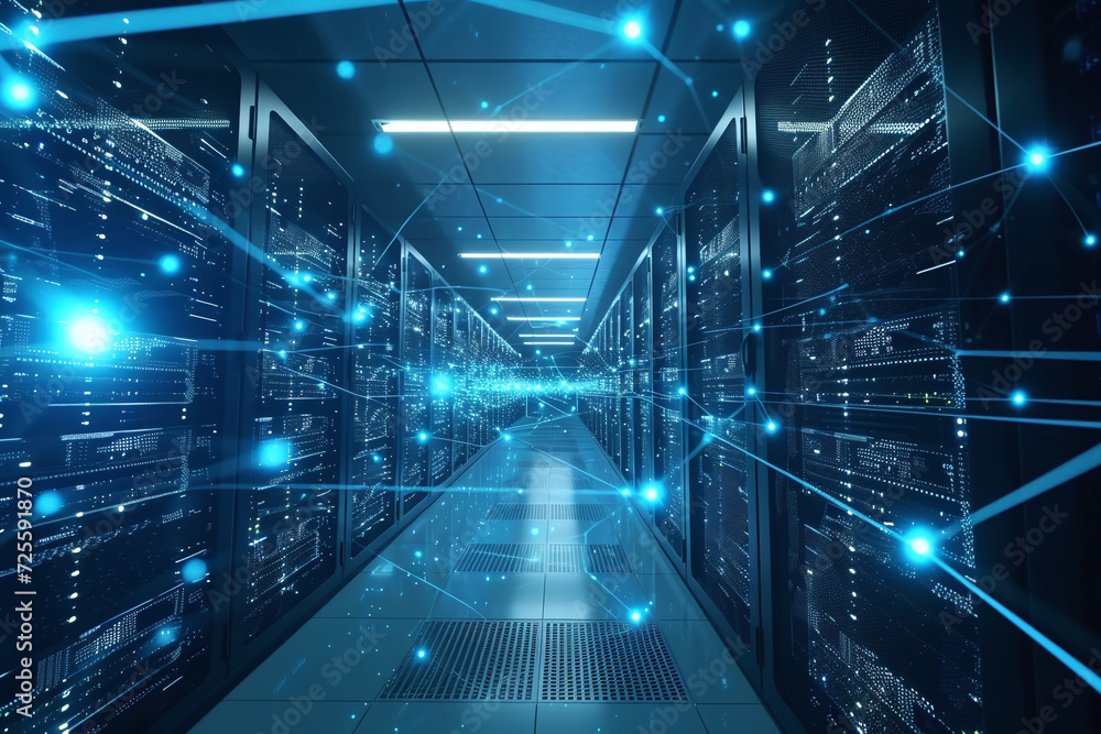 Futuristic Data Center with Rows of Server Racks, High-Speed Network and Information Technology Futuristic Data Center with Rows of Server Racks, High-Speed Network and Information Technology