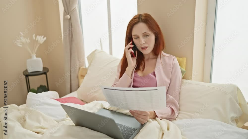 A young, attractive redhead woman multitasks with a laptop and a phone conversation in a cozy bedroom setting. A young, attractive redhead woman multitasks with a laptop and a phone conversation in a cozy bedroom setting.