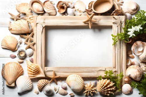 Decorative wooden frame, flowerpot and shells. Object over white