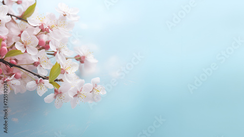 Fresh beautiful white cherry blossoms on light pink background with copy space