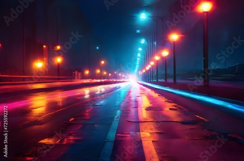 night city road with vibrant neon lights blurred background