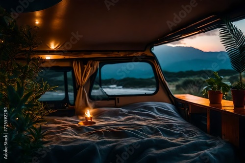 inside a cozy campervan, comfy bed and warm blanket, plants, flowers, decoration, view from the back on quiet beach, sunrise, stormy, vibrant colors, realistic, heavy rain , thunder and lightning 