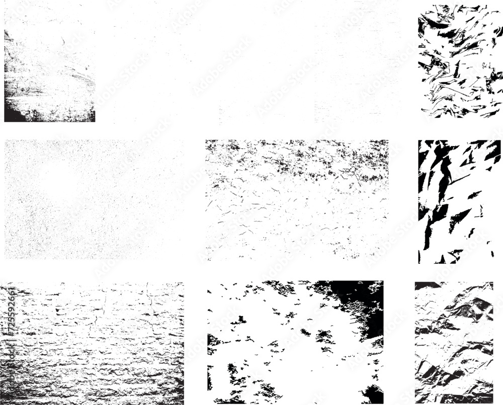 Set of Black and white grunge. Distress overlay texture. Surface dust and rough dirty wall background concept. Distress illustration simply place over object to create grunge effect. Vector Set of Black and white grunge. Distress overlay texture. Surface dust and rough dirty wall background concept. Distress illustration simply place over object to create grunge effect. Vector