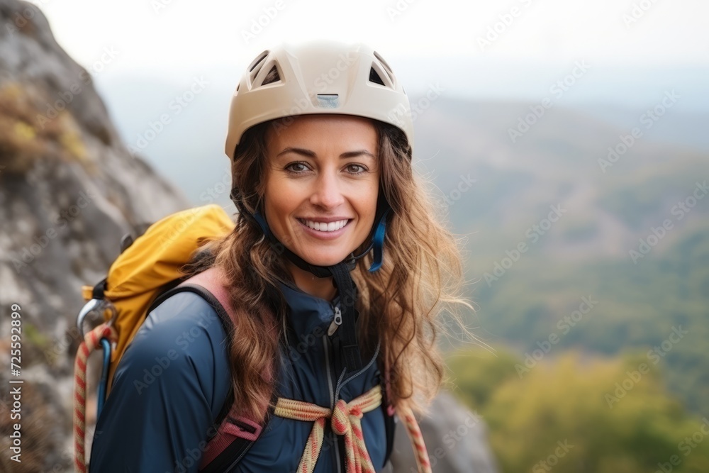 Portrait of a happy female climber in helmet on the top of a mountain Portrait of a happy female climber in helmet on the top of a mountain