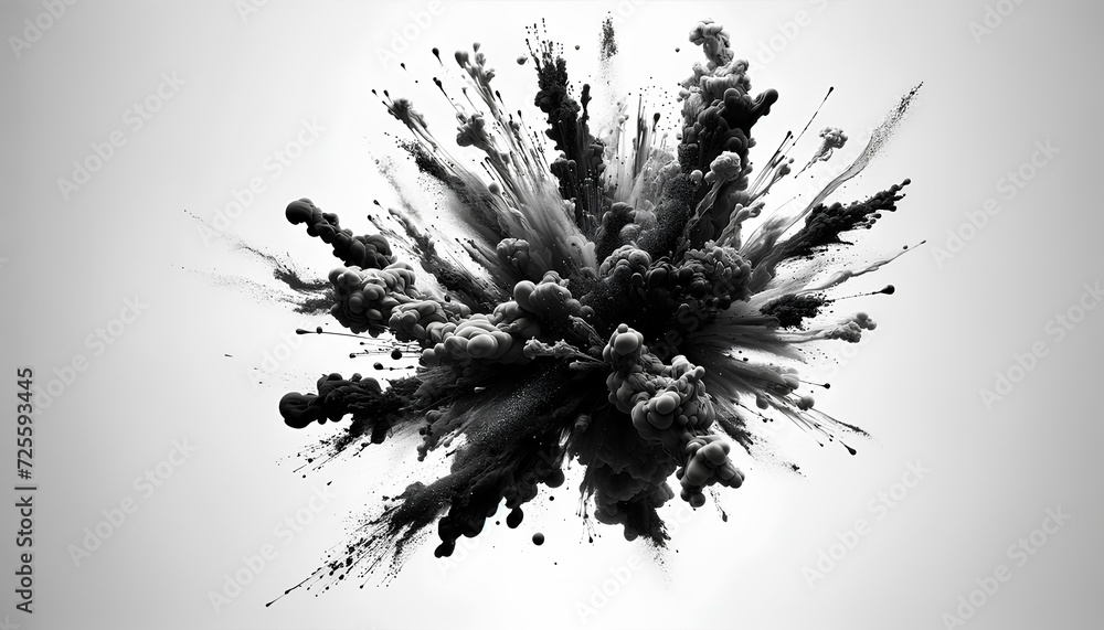 Widescreen panoramic image of a black ink explosion on a white background Widescreen panoramic image of a black ink explosion on a white background