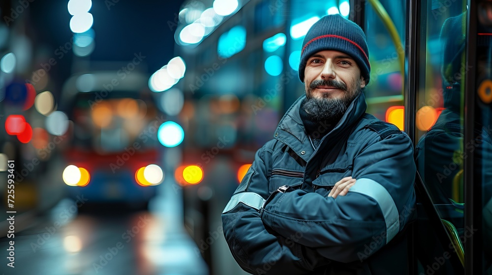Confident young bearded bus driver standing in front of bus with arms crossed and smiling at camera Confident young bearded bus driver standing in front of bus with arms crossed and smiling at camera