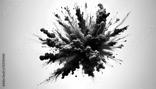 Widescreen panoramic image of a black ink explosion on a white background
