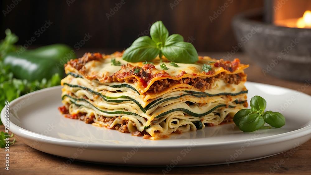 A traditional plate adorned with layers of savory Zucchini Lasagna with classic dish as it awaits to be savored warm tones of a wooden table A traditional plate adorned with layers of savory Zucchini Lasagna with classic dish as it awaits to be savored warm tones of a wooden table