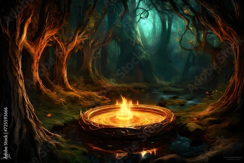 digital art, Elven ring with intricate design, luminescent, glowing, burning with fire magic, water, intricately detailed, J.R.R. Tolkien's Middle-earth, dark spring forest at night background, in dee