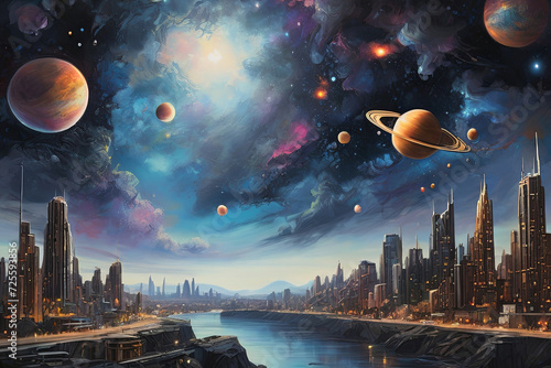 Explore a mesmerizing cityscape painting under a celestial night sky adorned with planets. A captivating blend of urban charm and cosmic wonder.