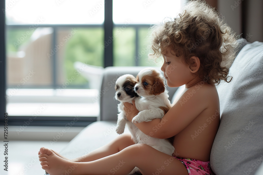  little smiling child girl embracing her puppy at home, sharing moment of love and comfort on sofa in bright room, heartfelt affection, puppy day.