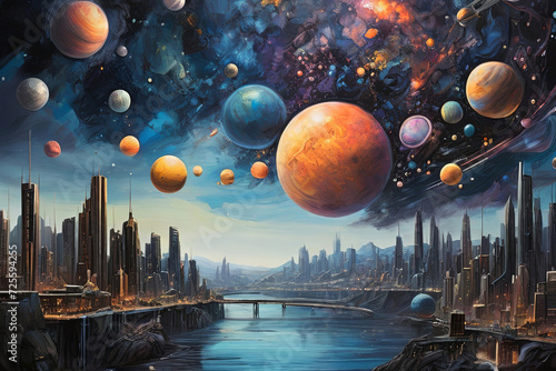 Explore a mesmerizing cityscape painting under a celestial night sky adorned with planets. A captivating blend of urban charm and cosmic wonder. photo