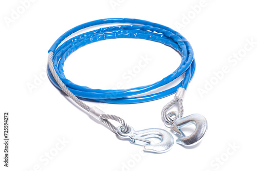 steel car tow rope with hooks in blue braid isolated on white background
