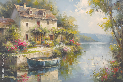 Idyllic riverside country house enveloped in lush gardens and blooming flowers, with serene water and boats in the background.