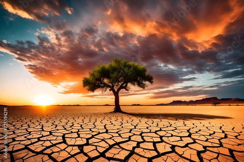 Global warming concept. Lonely green tree under dramatic evening sunset sky at drought cracked desert landscape