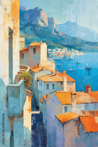 Coastal village painting with textured houses and sea backdrop, expressionist style, Mediterranean setting. © PhotoGranary