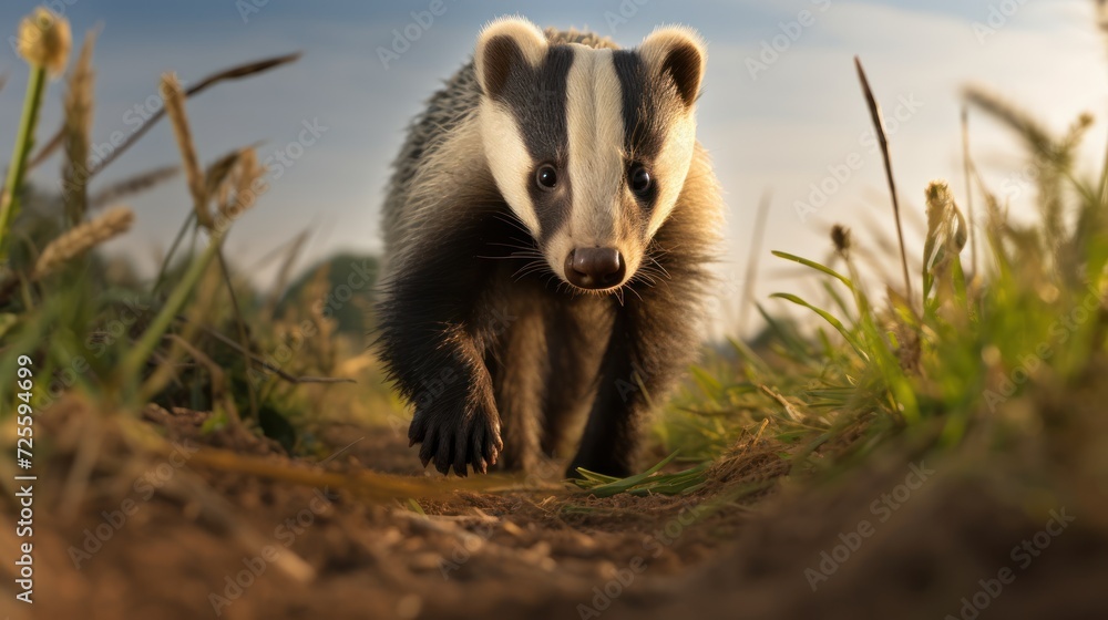 European badger walking towards the camera, European badger walking towards the camera,