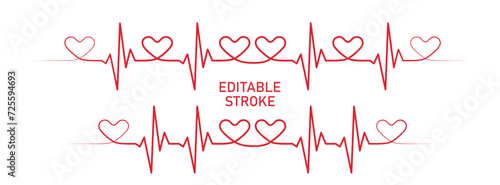 Editable stroke heart diagram line art set with hearts, red EKG, cardiogram, heartbeat line vector design to use in healthcare, healthy lifestyle, medical laboratory, cardiology project.
