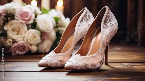 white leather elegance shoes. roses flowers around. Generative AI 