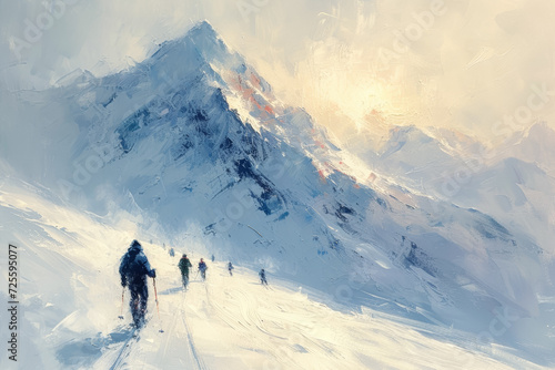 Skiers ascending a snowy mountain path at dawn, with the first light casting a warm glow on the peaks.