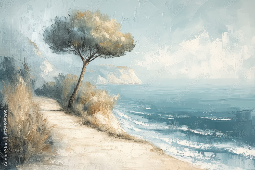 A serene coastal path with a lone pine tree overlooking a calm blue sea under a soft, pastel sky.