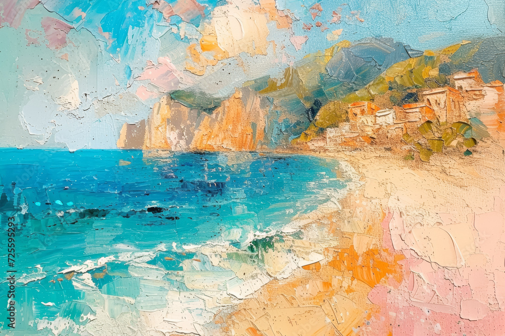 Impressionist Italian beach scene with vibrant cliffs, azure sea, and textured sand under a pastel sky.