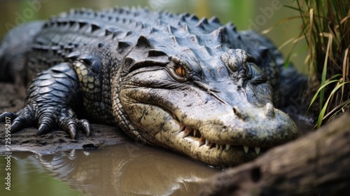 Siamese Crocodile lounges near pond  