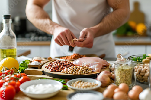 Fitness enthusiast in a modern kitchen preparing a protein-packed meal - featuring chicken - beans - nuts - and other high-protein ingredients for a healthy diet.