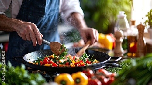 A chef in a hotel or restaurant kitchen cooking, hands only. Vegetables, greens, tomatoes on table on wooden boards. Ingredients for preparing italian or french food. Lifestyle moment.