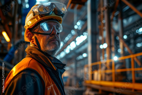 Worker in safety gear  a factory worker donned in safety gear such as a helmet and reflective vest.