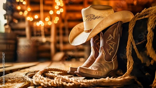 Cowboy hat, boots and rope in a barn photo