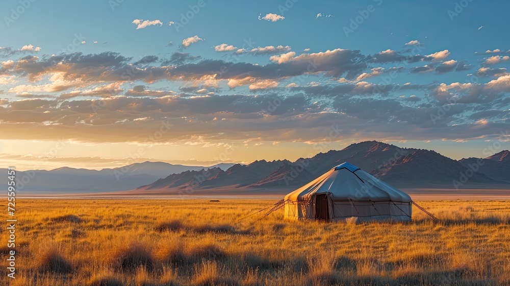 Nomadic Adventures. Camping tents in the middle of the desert with the mountains at back.