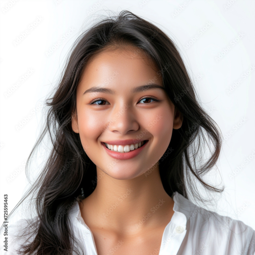 Close-up portrait of yong woman casual portrait in positive view, big smile, beautiful model posing in studio over white background. Caucasian Asian portrait woman. ai technology Close-up portrait of yong woman casual portrait in positive view, big smile, beautiful model posing in studio over white background. Caucasian Asian portrait woman. ai technology