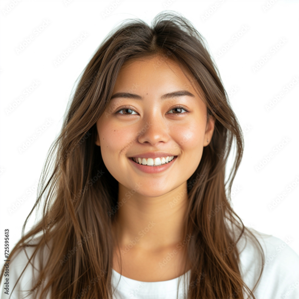 Close-up portrait of yong woman casual portrait in positive view, big smile, beautiful model posing in studio over white background. Caucasian Asian portrait woman. ai technology Close-up portrait of yong woman casual portrait in positive view, big smile, beautiful model posing in studio over white background. Caucasian Asian portrait woman. ai technology