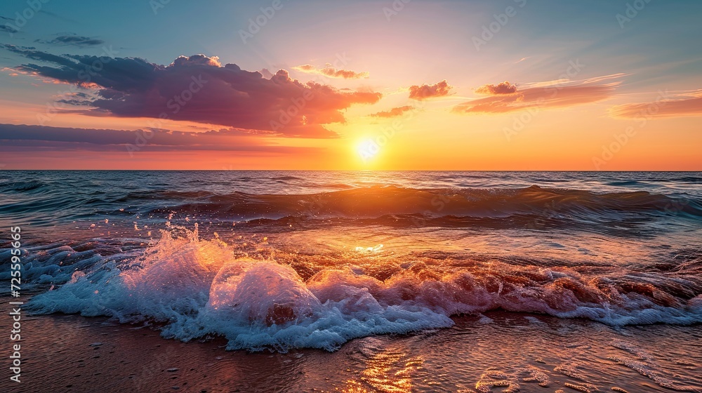Seaside Sunset Bliss. Magic of a coastal sunset, blending warm hues with the soothing sounds of waves crashing on the shore.