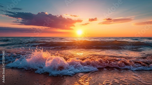 Seaside Sunset Bliss. Magic of a coastal sunset  blending warm hues with the soothing sounds of waves crashing on the shore.