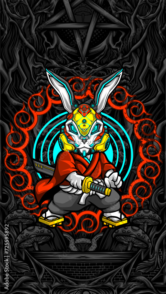 samurai rabbit cyberpunk vector illustration