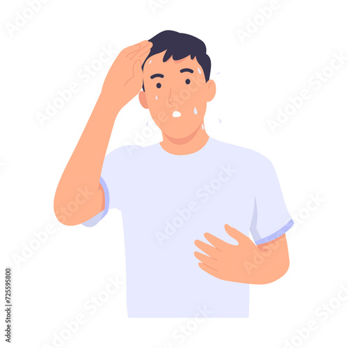 Shy man sweats and feels nervous when speaking in front of a public audience. Guy wiping sweat from face Because of the hot and sunny weather during the summer. Flat design