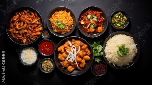 Assorted Chinese food on a rough black concrete 