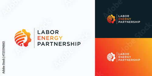 Movement global line vector logo design with gears.