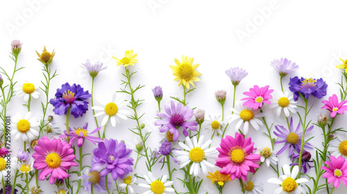 A charming border of vibrant spring daisies against a pristine white background © Veniamin Kraskov