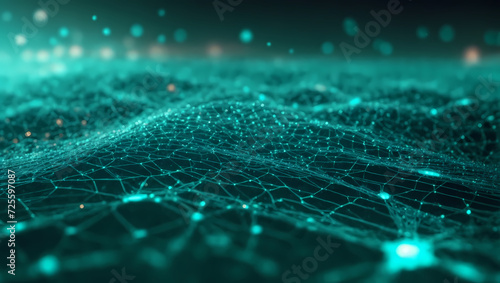 Abstract teal technology background featuring a cyber network grid, connected particles, and artificial neurons, presenting a harmonious and techie wonderland. photo